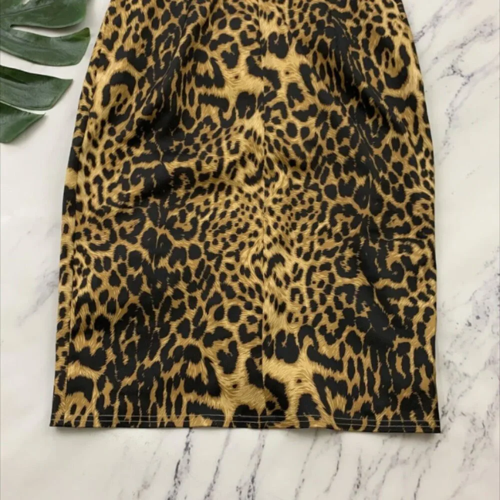 Tadashi Shoji Leopard Cocktail Dress Sz 8 Petite Brown Black Satin Pinup Wiggle - Picture 3 of 4